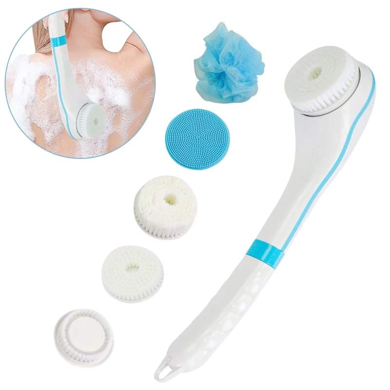 Rechargeable Body Back Brush, Body Bath Scrubber, Scrub Washer for Shower, Electric Spin Scrubber Brush Spa Exfoliating Kit with Long Handle for Women Men with 5 Attachment (Blue)