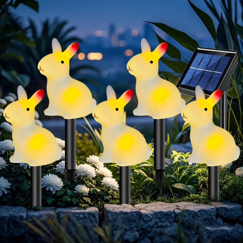 Rirool Solar Bunny Lights, 5PCS Waterproof LED Garden Stakes, Outdoor Solar Lights for Easter, Patio, Lawn, Yard – Warm White, Auto On/Off