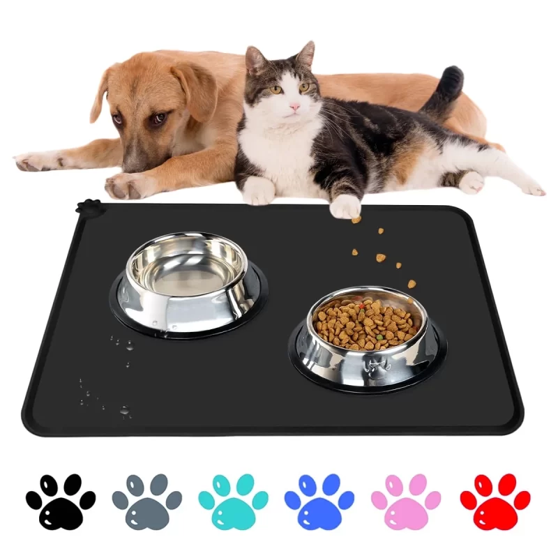 Rirool Silicone Dog Cat Bowl Mat - 18.5" x 11.5" - Non-Slip Waterproof Pet Feeding Mat - Black - Black