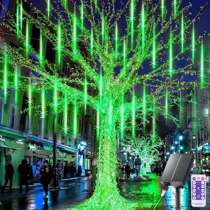 Solar Meteor Shower Icicle Lights - 8 Tubes 192 LED 11.8-inch Raindrop Lights with Remote Control Timer Function for Holiday Party Christmas Decorations (Green)