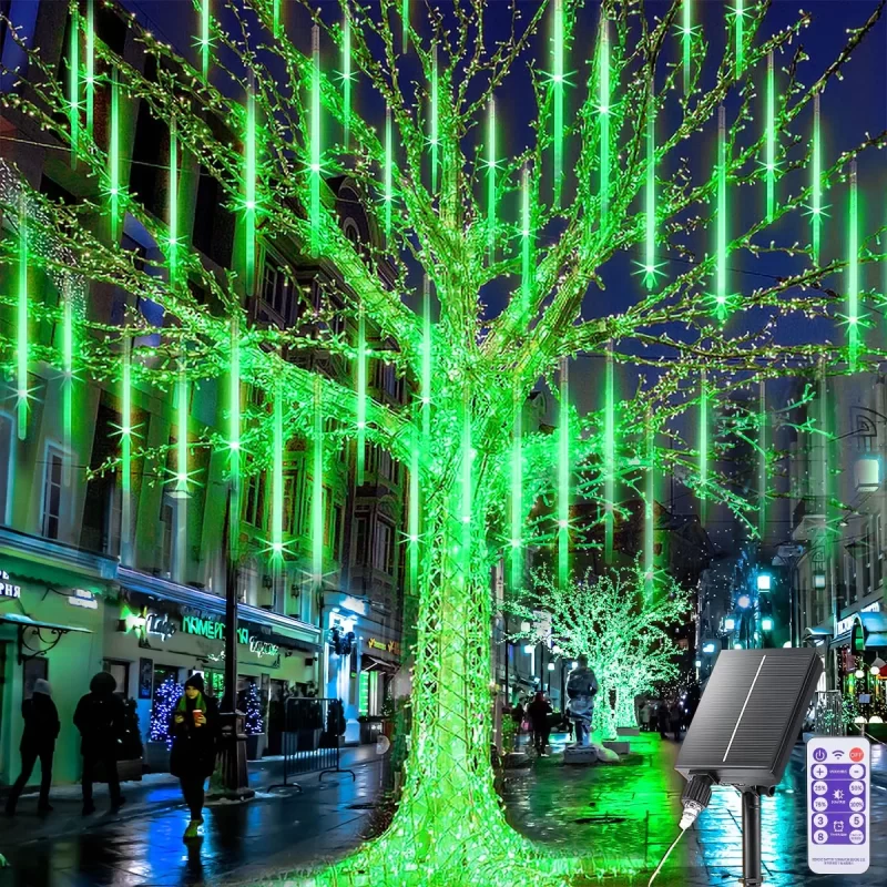 Solar Meteor Shower Icicle Lights - 8 Tubes 192 LED 11.8-inch Raindrop Lights with Remote Control Timer Function for Holiday Party Christmas Decorations (Green)