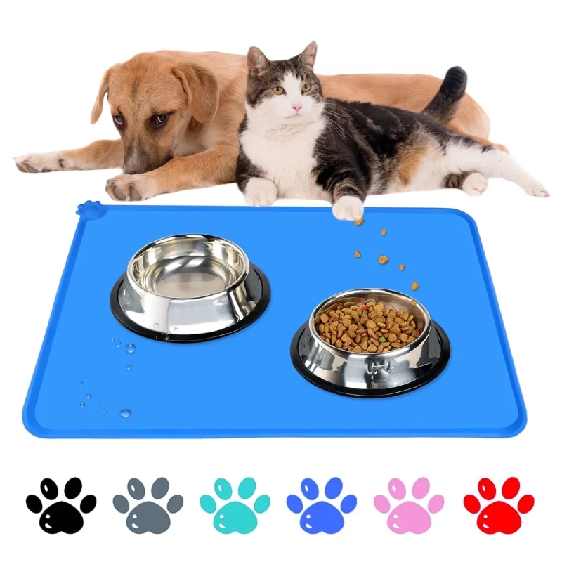 Rirool Silicone Dog Cat Bowl Mat - 18.5" x 11.5" - Non-Slip Waterproof Pet Feeding Mat - Black - Blue