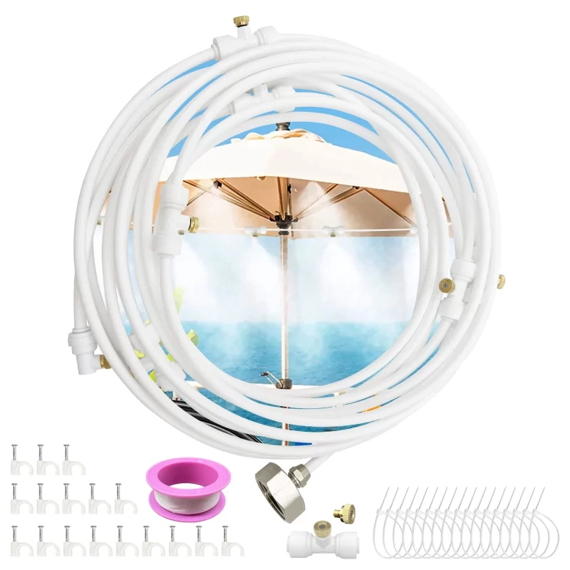 Rirool 26FT Outdoor Mister System with 15 T-Joints & Hose Cutter, Cooling Mist for Patio, Backyard, Trampoline, Deck & Porch White