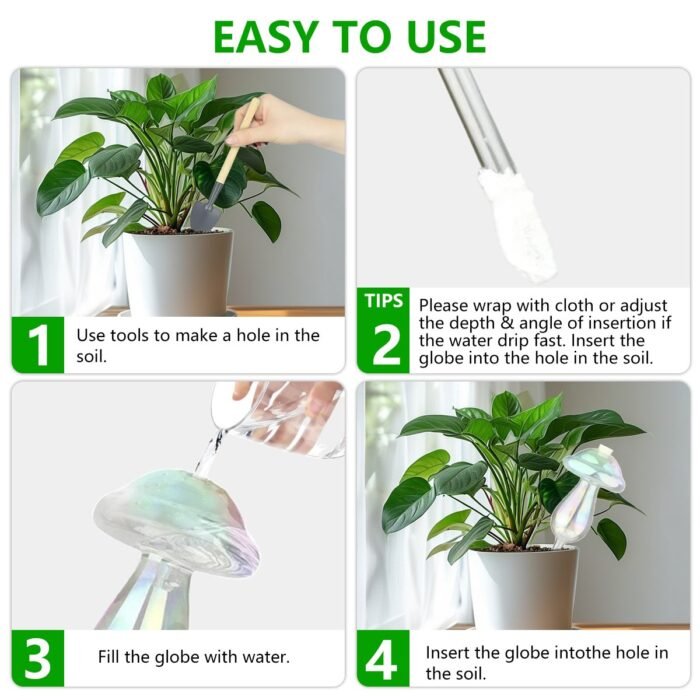 Rirool 4-Pack Glass Watering Globes - Self Watering Bulbs for Plants, Mushroom Top-Fill Design with Reflective Laser Decor (Indoor/Outdoor Use) - Image 3