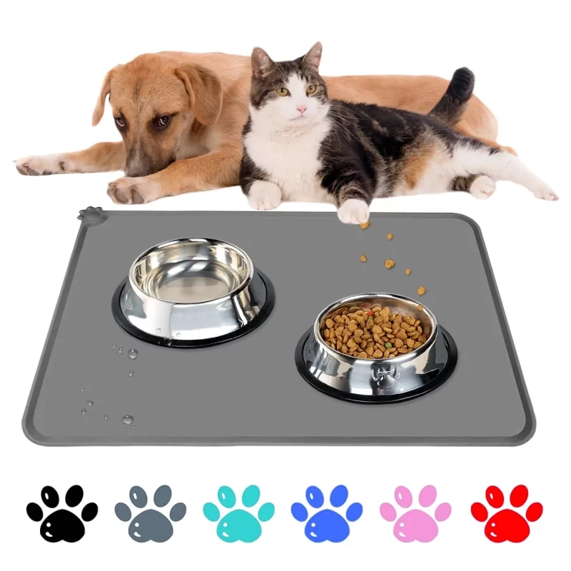 Rirool Silicone Dog Cat Bowl Mat - 18.5" x 11.5" - Non-Slip Waterproof Pet Feeding Mat - Black - Gray