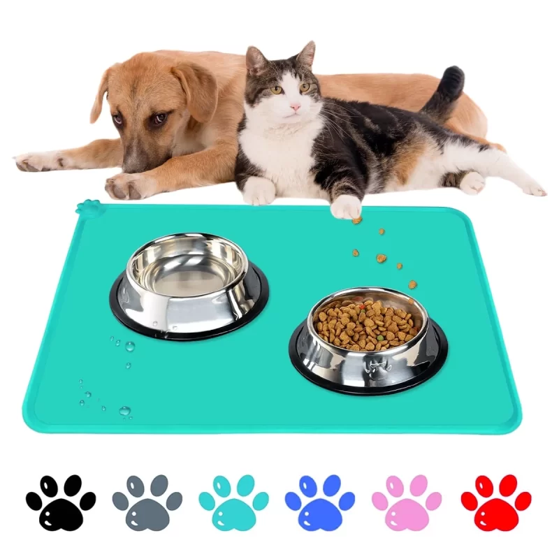 Rirool Silicone Dog Cat Bowl Mat - 18.5" x 11.5" - Non-Slip Waterproof Pet Feeding Mat - Black - Green