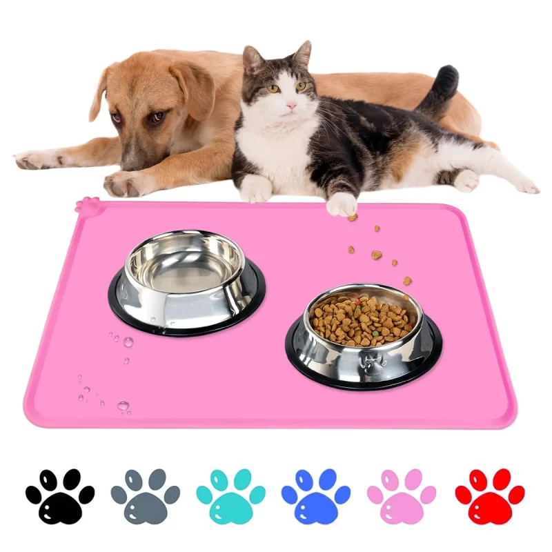 Rirool Silicone Dog Cat Bowl Mat - 18.5" x 11.5" - Non-Slip Waterproof Pet Feeding Mat - Black - Pink