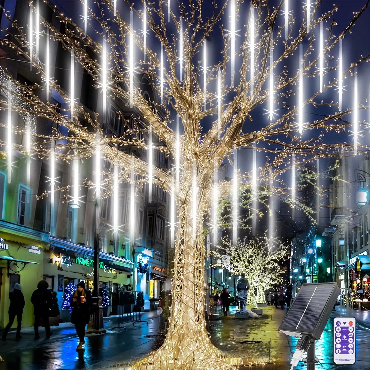Solar Meteor Shower Icicle Lights - 8 Tubes 192 LED 11.8-inch Raindrop Lights with Remote Control Timer Function for Holiday Party Christmas Decorations (White)