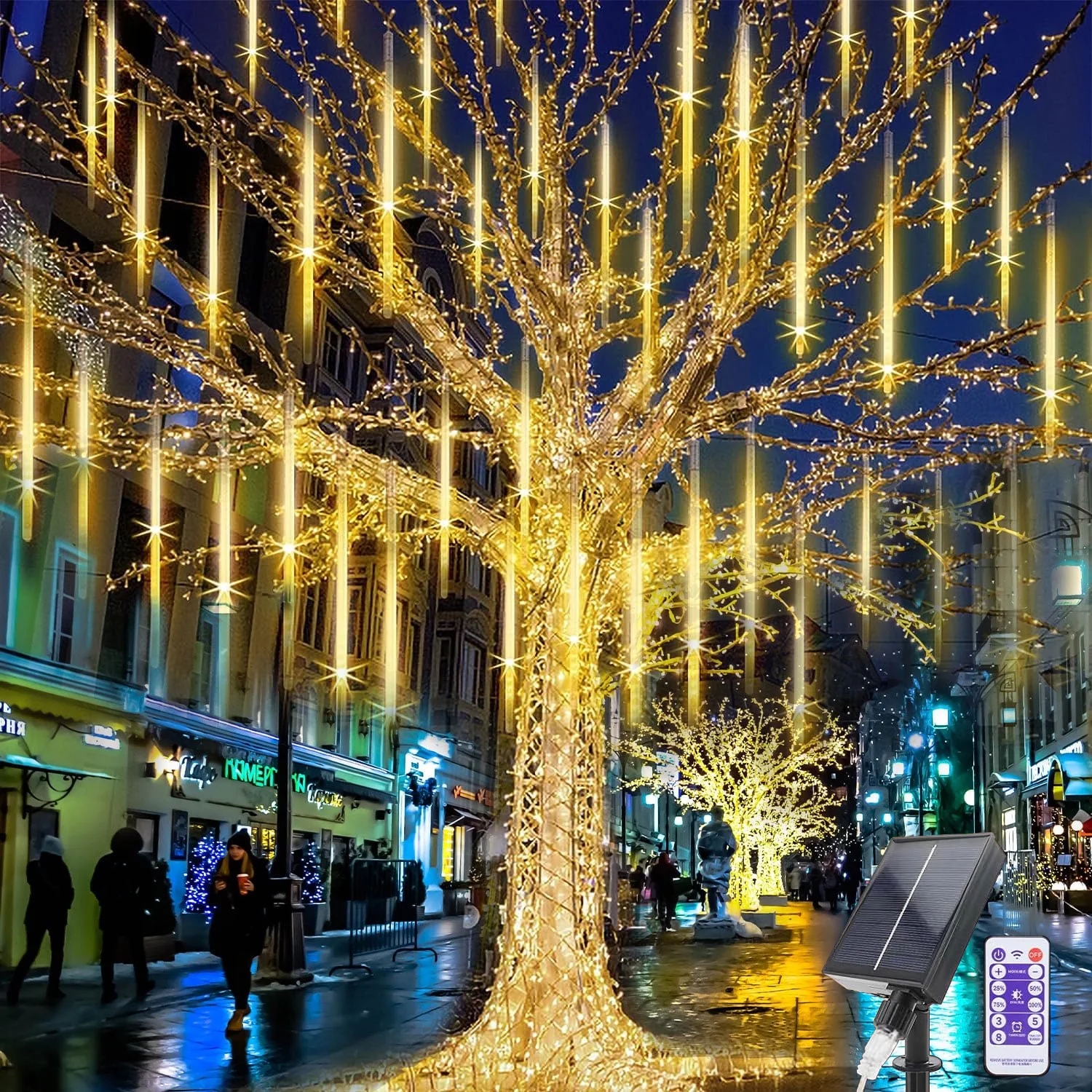 Solar Meteor Shower Icicle Lights - 8 Tubes 192 LED 11.8-inch Raindrop Lights with Remote Control Timer Function for Holiday Party Christmas Decorations (Warm)