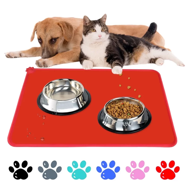 Rirool Silicone Dog Cat Bowl Mat - 18.5" x 11.5" - Non-Slip Waterproof Pet Feeding Mat - Black - Red
