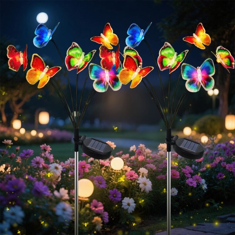 Rirool 2 Pack Solar Garden Lights, Multi-Color Butterfly Swaying Outdoor Waterproof LED Lighting for Yard, Pathway, Lawn and Patio Décor