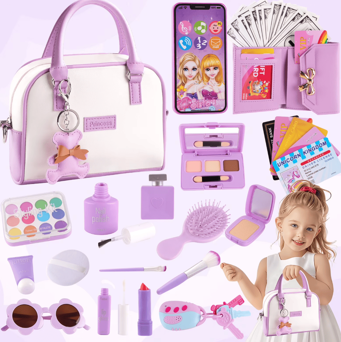 TiokMc Kids Toddler Play Purse, 37-Piece Set with Handbag, Pretend Makeup, Wallet, Phone & Princess Toys – Creative Role Play Gift for Girls Ages 3-6