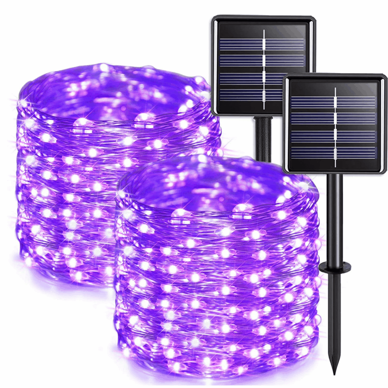 Rirool Solar String Lights - 33ft, 100 LED Copper Wire, 8 Modes Fairy Lights - Waterproof Outdoor Decoration for Garden, Party, Wedding - Purple