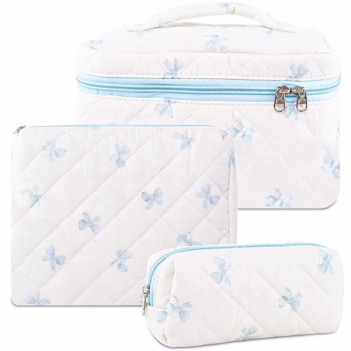 Rirool 3Pcs Quilted Cotton Makeup Bag Set, Travel Cosmetic Toiletry Bags with Zipper, Large Capacity Portable Storage Organizer Pouch for Women Girls, Floral Bow Design – Blue