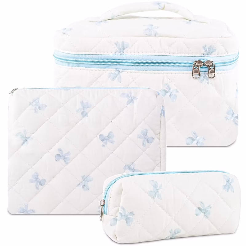 Rirool 3Pcs Quilted Cotton Makeup Bag Set, Travel Cosmetic Toiletry Bags with Zipper, Large Capacity Portable Storage Organizer Pouch for Women Girls, Floral Bow Design – Blue