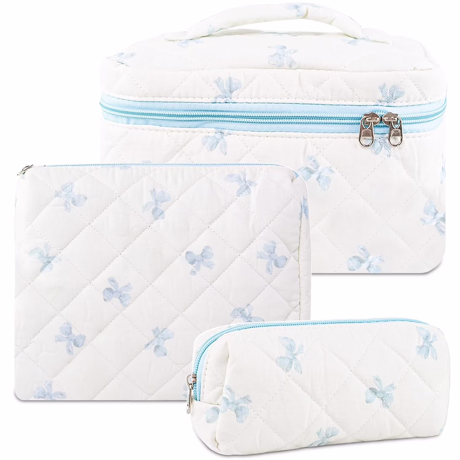 Rirool 3Pcs Quilted Cotton Makeup Bag Set, Travel Cosmetic Toiletry Bags with Zipper, Large Capacity Portable Storage Organizer Pouch for Women Girls, Floral Bow Design โ Blue