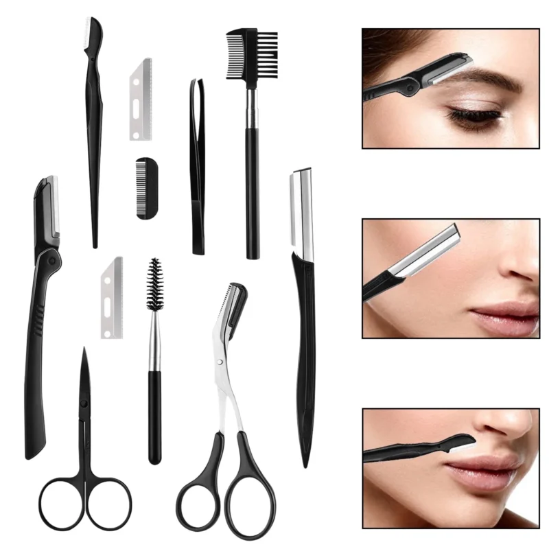 Rirool 11-in-1 Eyebrow Trimmers Set - Professional Grooming Kit for Women and Men, Includes Tweezers, Razors, Brush, Scissors, and Comb