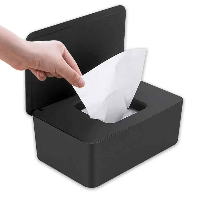 Rirool Tissue Storage Box - Portable Reusable Diaper Wipes Dispenser - Baby Case Wipe Holder - Keeps Fresh - Easy Open/Close Container Lid - Black