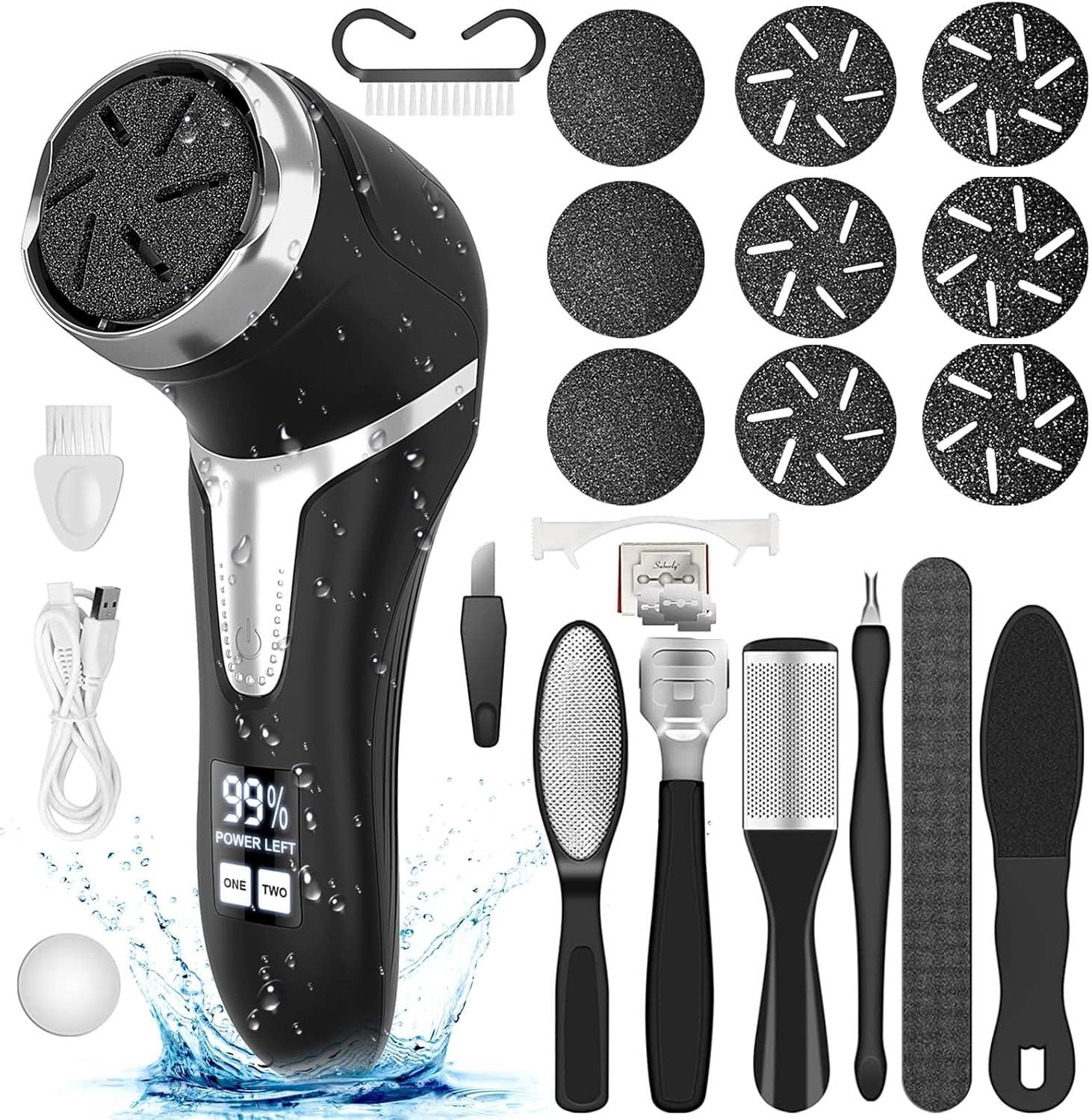 Rirool Electric Callus Remover for Feet with Vacuum - Rechargeable Foot File, 3 Heads & 2 Speeds, IPX7 Waterproof, LCD Display, Pedicure Kit for Dead Skin Removal, Black