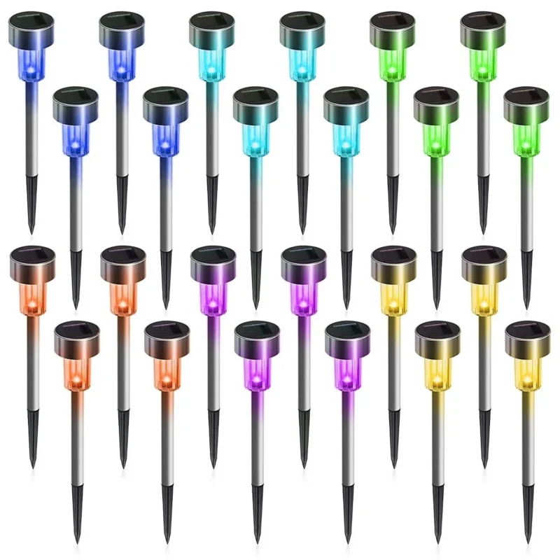 Rirool 24-Pack Solar LED Garden Lights, Stainless Steel Waterproof Outdoor Landscape Lighting - Multi-color