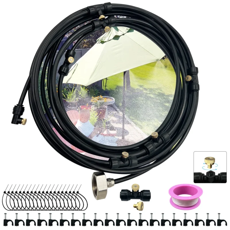 Rirool 26FT Outdoor Mister System with 15 T-Joints & Hose Cutter, Cooling Mist for Patio, Backyard, Trampoline, Deck & Porch Black