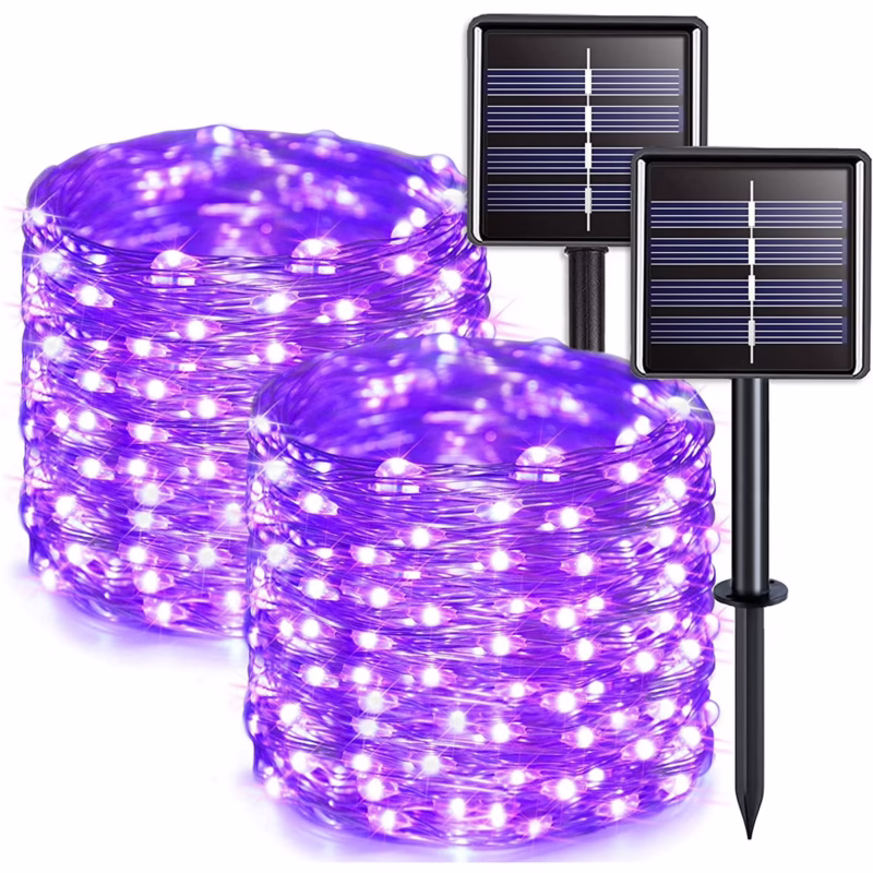 Rirool Solar String Lights Outdoor - 66 Feet, 200 LED 8 Modes Fairy Lights Purple -2Pack