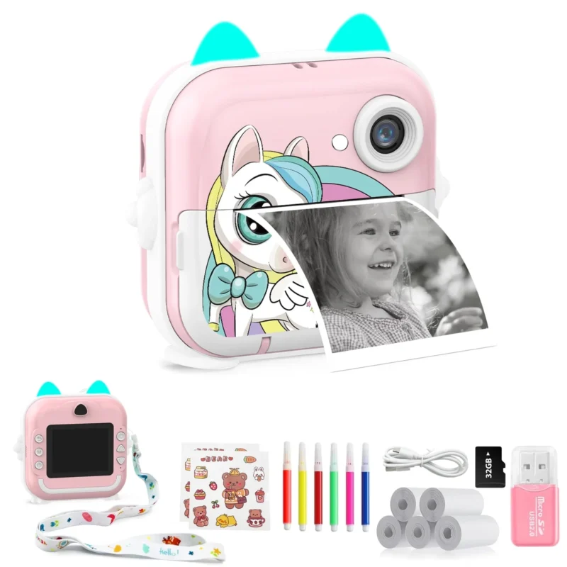 Rirool Instant Print Camera for Kids, 48MP 1080P HD, Bluetooth, 32GB Card, 4 Rolls Print Paper, Color Pens, Stickers, Fun Filters, Gift for Boys Girls 3-12 (Pink)