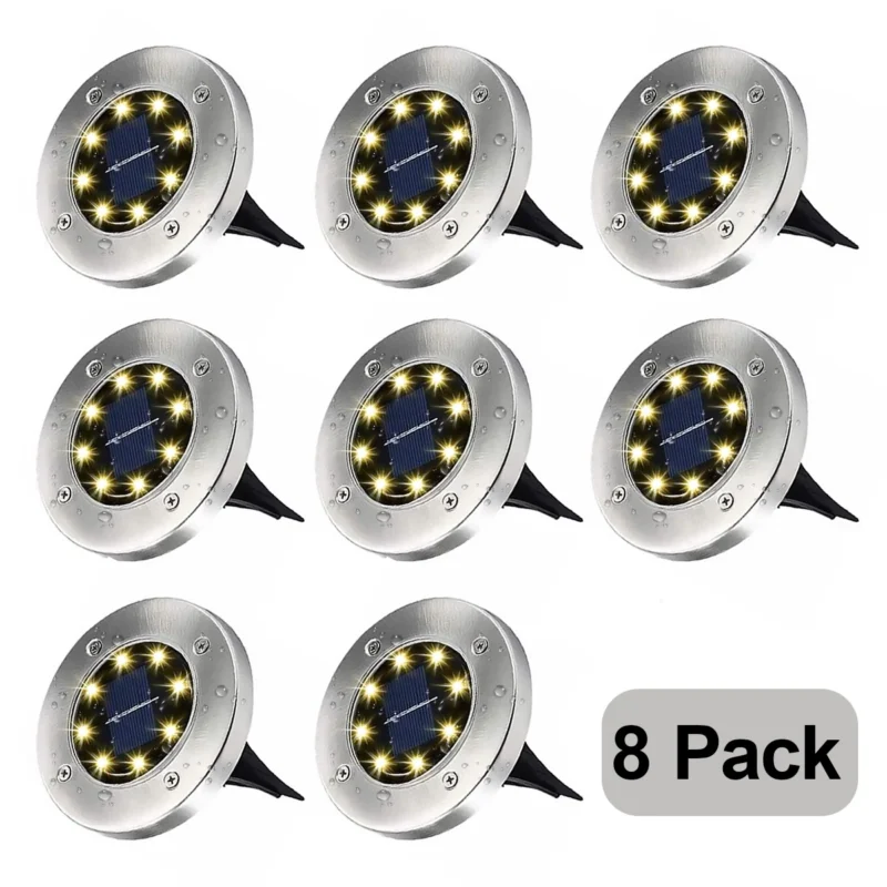 Rirool Solar Ground Lights, 8 LED Outdoor Waterproof Garden Pathway Lighting - Warm White 8 Pack
