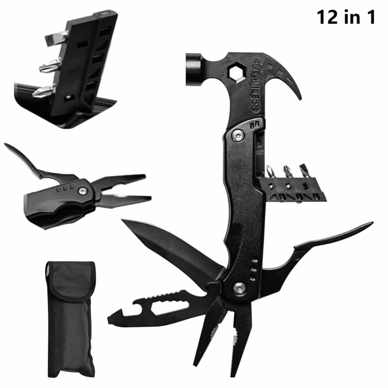 12-in-1 Camping Hammer Multitool - Stainless Steel Survival Gear with Safety Lock, Portable Sheath - Compact Outdoor Multi-Tool