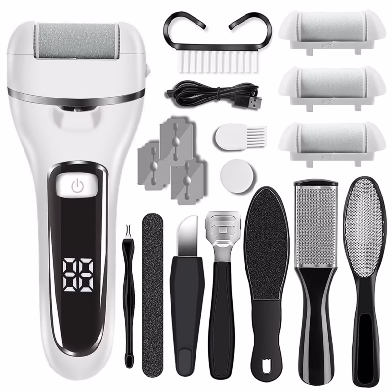 Rirool Electric Callus Remover Kit - Professional 18-in-1 Pedicure Tool Set with 3 Coarse Roller Heads and Smart LED Light for Dead, Hard, Cracked, Dry Skin