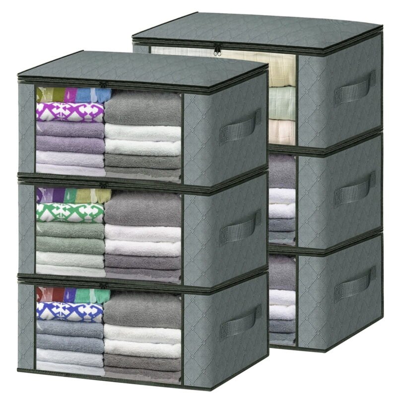 Rirool Foldable Storage Box, 6 Pack Clothes Organizer with Clear Windows, Sturdy Handles Storage Bag 19.7 x 13.78 x 7.87 inches, Gray