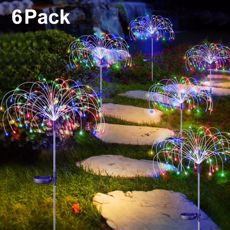Rirool 6 Pack Solar Garden Lights, 120 LED Solar Firework Lights for Pathway, Yard, Party, Christmas Decor, Multicolor, IP65 Waterproof, DIY Copper Wire, Auto On/Off