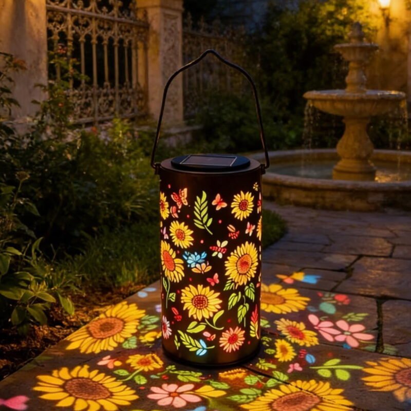 Rirool Colorful Sunflower Solar Garden Lantern, Waterproof Solar Powered Outdoor Hanging Light with Floral Projection, LED Decorative Lantern for Patio, Yard, Walkway, Lawn, Porch and Garden Decor