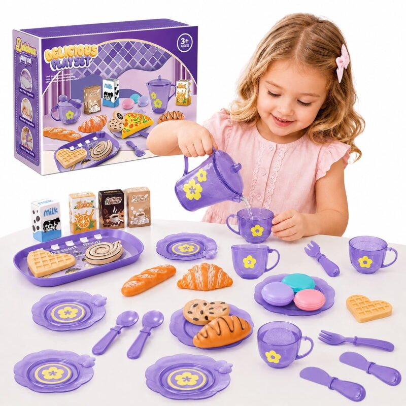 Rirool 33-Piece Purple Dessert Pretend Play Tea Set, Kids Kitchen Toy with Cakes, Cups, Plates, Utensils, Play Food Accessories for Girls Boys Ages 3+, Birthday Christmas Party Gift