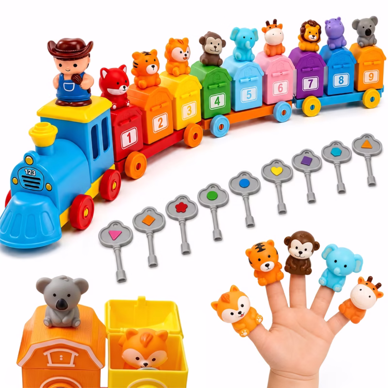 Rirool Toddler Learning Toys for 2 3 4 Year Old Boys Girls, Montessori Farm Train Sorting Toy with Number Barns Animal Finger Puppets Keys Lock & Unlock Matching Game for Kids Ages 2-5