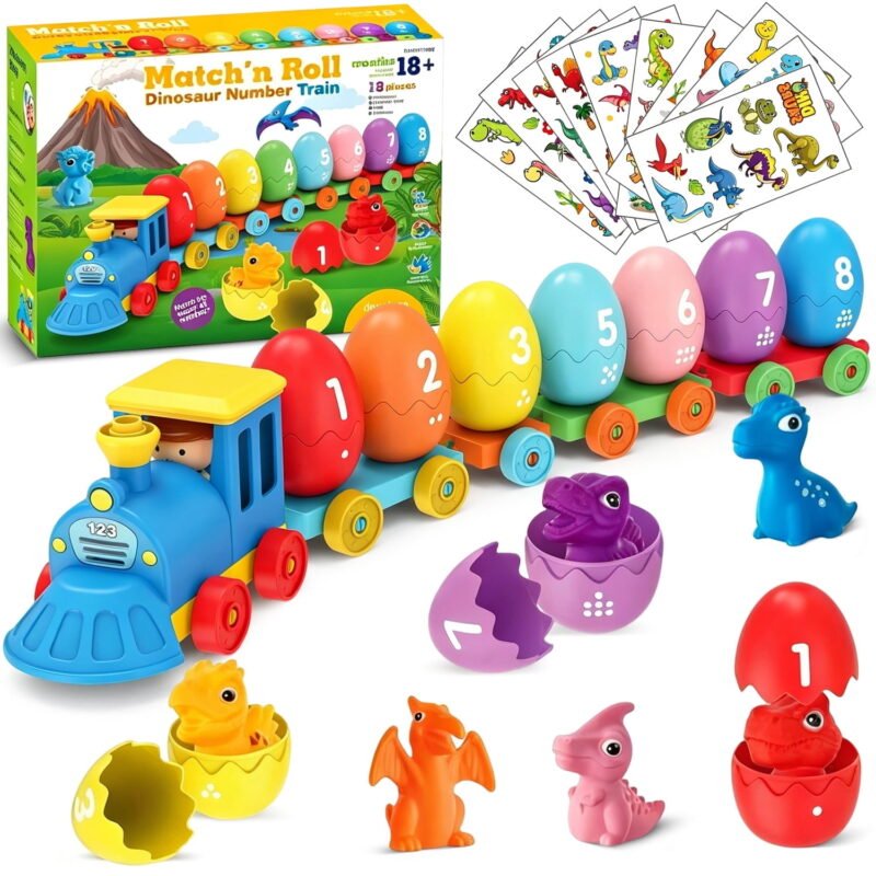 Rirool Montessori Dinosaur Train Toys for Toddlers 1-3, Counting Matching Color Sorting Easter Egg Train Set with 8 Dino Finger Puppets, Learning Toys for 2 3 4 Year Old Boys Girls