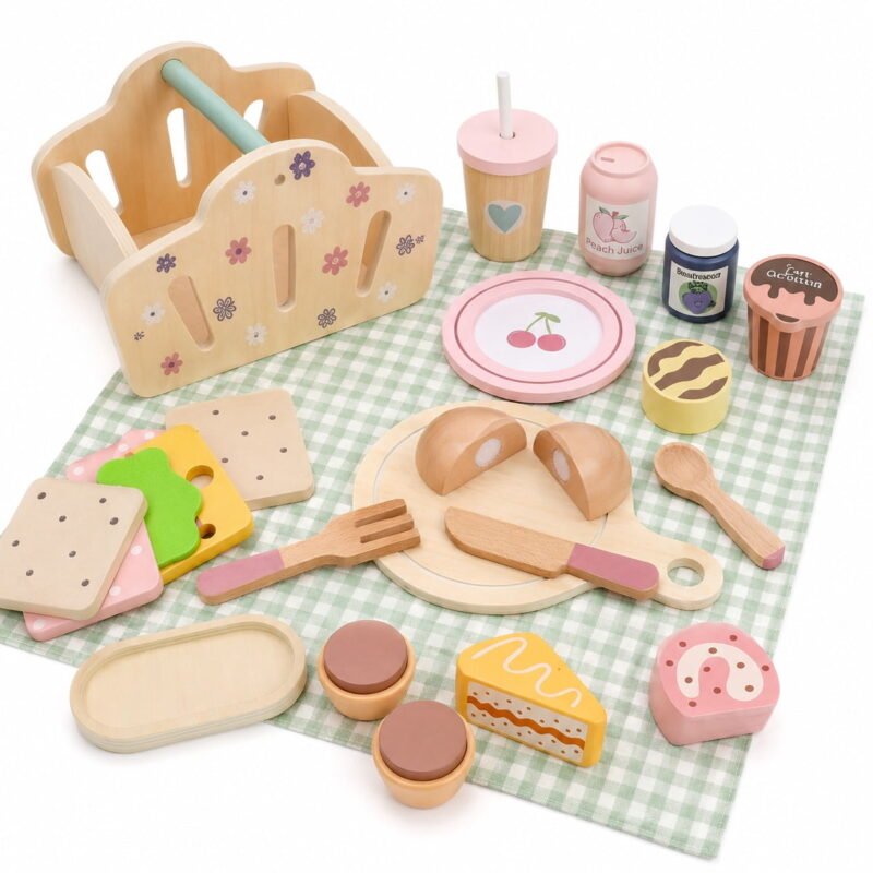 Rirool Wooden Picnic Playset for Kids, Pretend Play Food Set with Basket, Plates, Utensils, Drinks and Accessories, Montessori Role Play Toy for Toddlers Boys Girls Birthday Gift