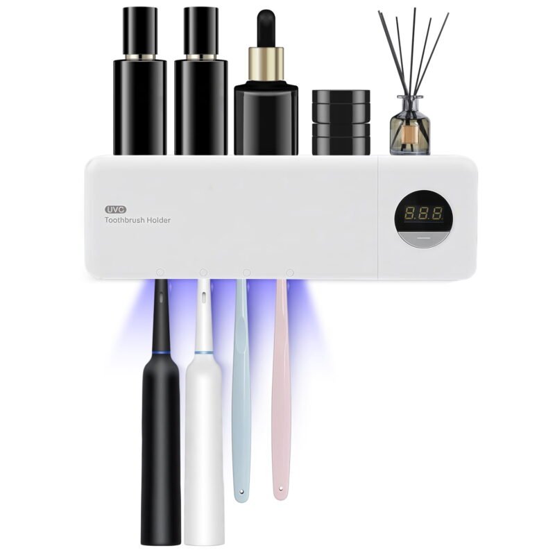 Rirool Wall Mounted UV Toothbrush Holder with Drying, 4 Slots, USB Rechargeable LED Display Bathroom Organizer, White