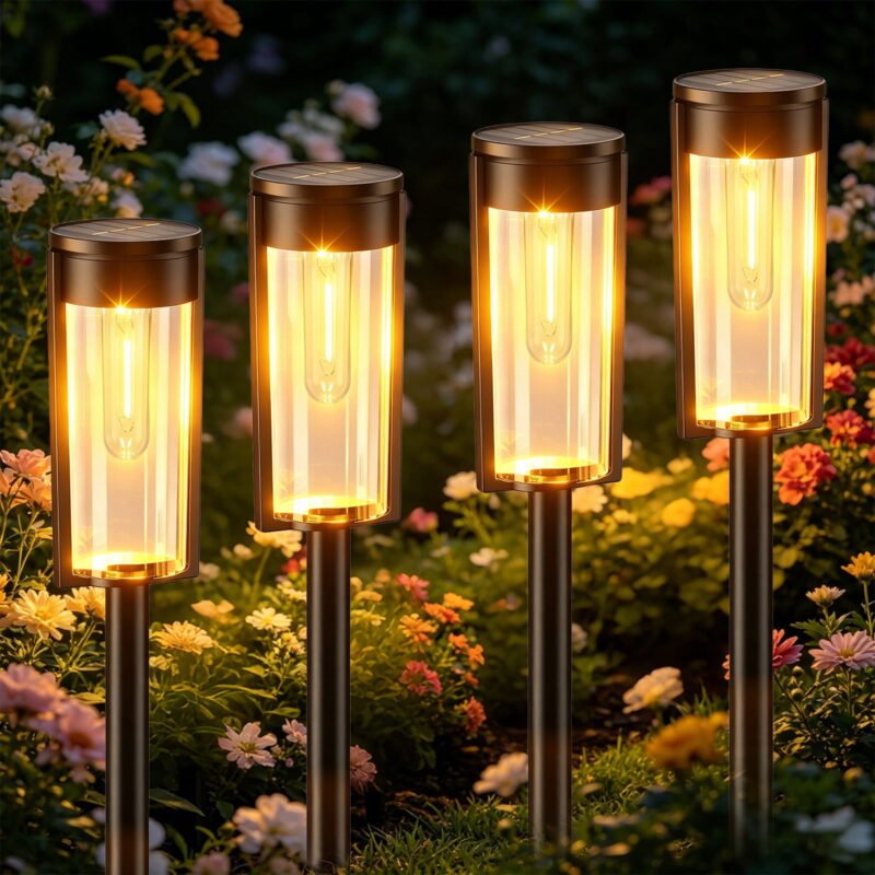 Rirool Solar Pathway Lights Outdoor 4 Pack, 3000K Warm White LED Landscape Lights, IP65 Waterproof Solar Garden Lights Auto On/Off for Walkway Driveway Yard Patio