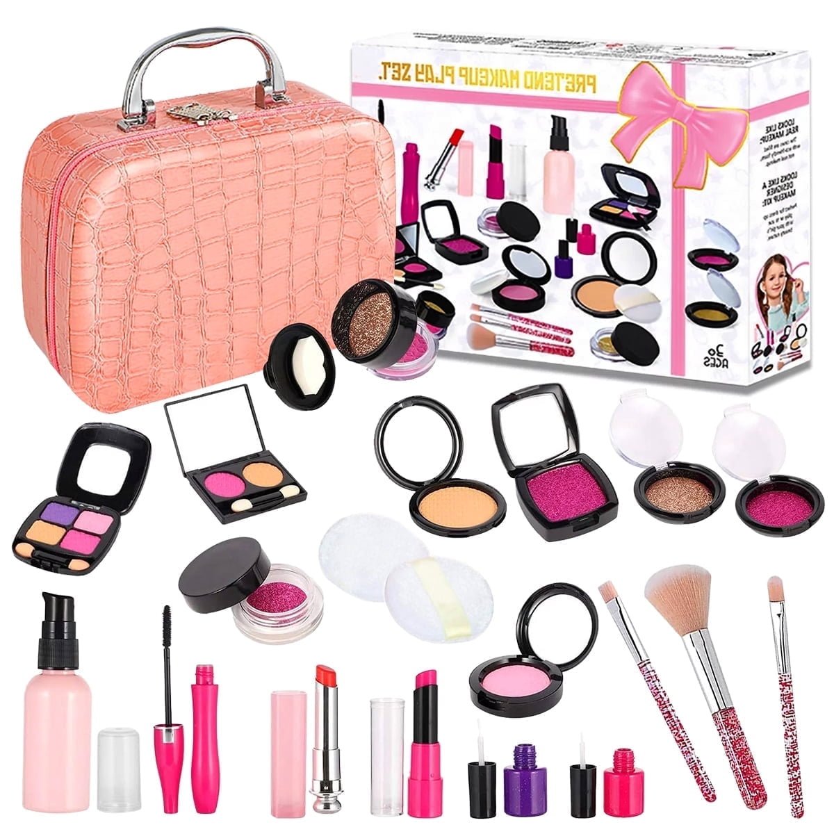 Rirool Kids Pretend Makeup Kit for Girls Age 3+, 21 Piece Toy Cosmetic Play Set with Carry Bag, Brushes, Mirror and Accessories, Not Real Makeup, Toddler Role Play Gift, Pink Set
