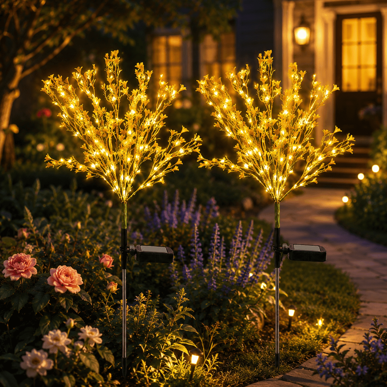 Rirool 2 Pack Solar Canola Flower Garden Lights Outdoor, Yellow Waterproof LED Landscape Pathway Stake Lights with Dusk to Dawn Auto On for Yard Patio Walkway Wedding Spring Decor
