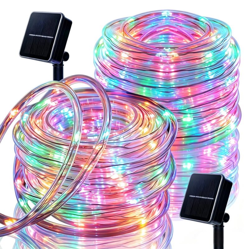 Rirool Solar Rope Lights Outdoor Waterproof 2 Pack, 33ft 100 LED Multicolor String Lights with 8 Modes, Flexible Clear Tube Fairy Lights Auto On/Off for Garden Patio Fence