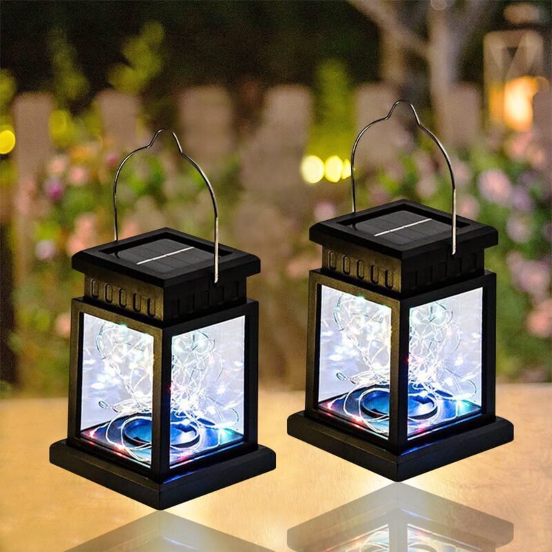 Rirool Decorative Solar Landscape Lights, 2 Pack Hanging Lanterns, Waterproof Solar Powered Retro Lantern Lamps, Outdoor Garden Pathway Patio Tabletop Décor