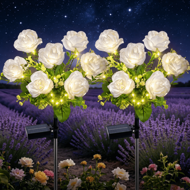 Rirool Solar Rose Garden Stake Lights, 7 Heads White Flower Solar Lights Outdoor Waterproof, 8 Modes Decorative Lights for Yard Lawn Patio Pathway, 2 Pack