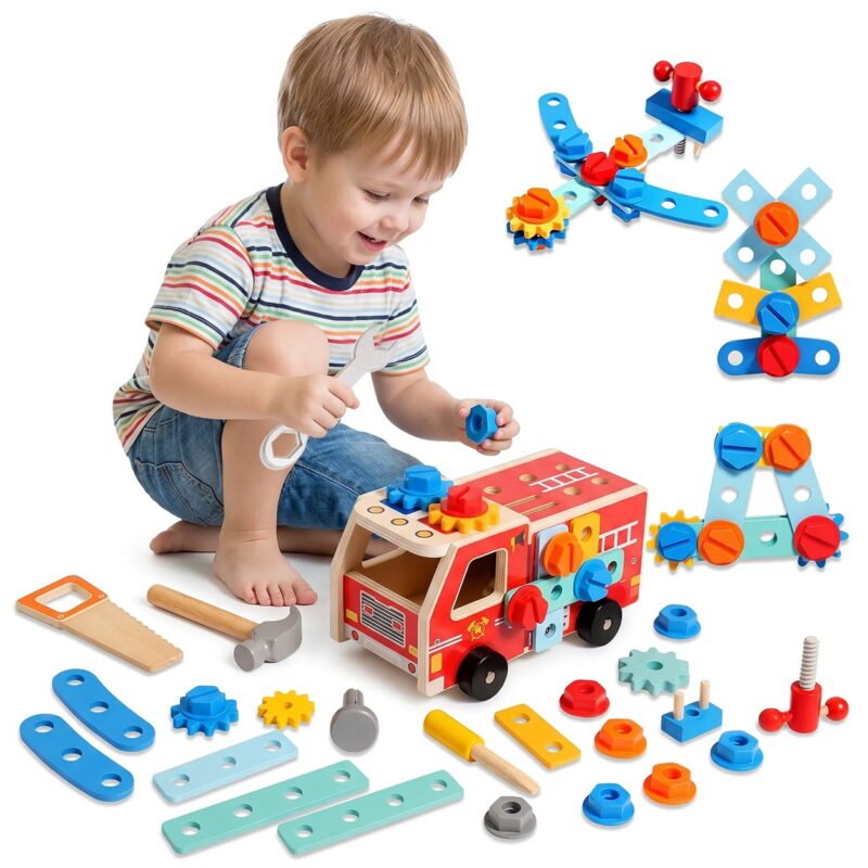 Rirool Wooden Tool Box Toy for Kids, 32 Piece Car Style Montessori Construction Playset with Toy Tools, Fine Motor Skills Pretend Builder STEM Role Play Gift for Toddlers Boys Girls