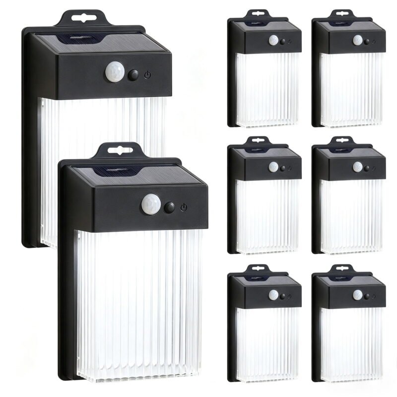 Rirool 8 Pack Solar Fence Lights Outdoor Waterproof, Motion Sensor Solar Wall Lights for Patio Backyard Fence Deck Porch Pathway, Cool White