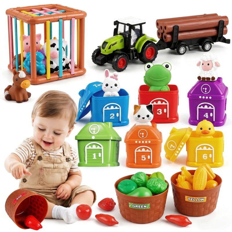 Rirool 4-in-1 Montessori Farm Toys for Toddlers 1-3, Sensory Learning Toy Set with Barn Animals, Sorting Blocks, Fruits & Vegetables, Educational Gift