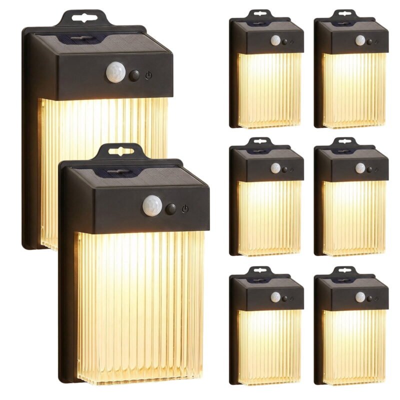 Rirool 8 Pack Solar Fence Lights Outdoor Waterproof, Motion Sensor Solar Wall Lights for Patio Backyard Fence Deck Porch Pathway, Warm White