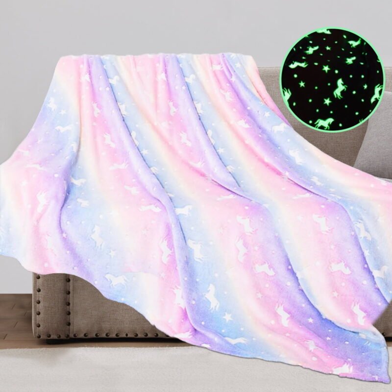 Rirool Glow in The Dark Pony Blanket for Kids, 50"x60" Soft Cozy Luminous Flannel Blanket, Christmas Birthday Gift for Girls Boys Age 3-10, Washable Polyester Bedroom Décor