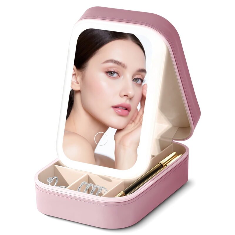 Rirool Jewelry Box with LED Mirror, Portable Travel Jewelry Organizer Case with 3 Color Light Modes, Compact Makeup & Jewelry Storage Box for Women Girls Pink
